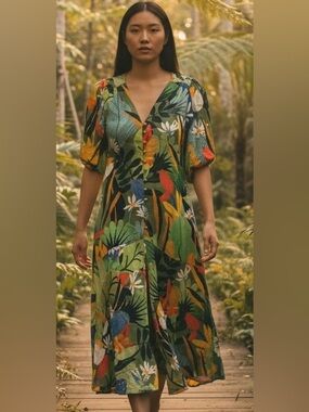 Farm Rio Vintage Toucans Midi Button Down V Neck Swing Dress NWT XS